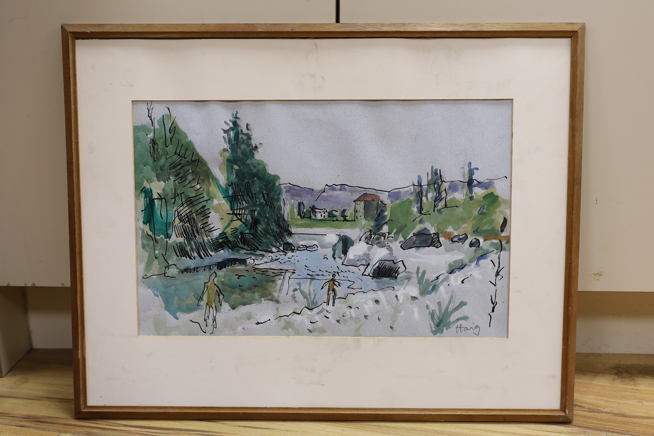 Haigh, ink and watercolour, French river landscape, signed in pencil, 31 x 49cm